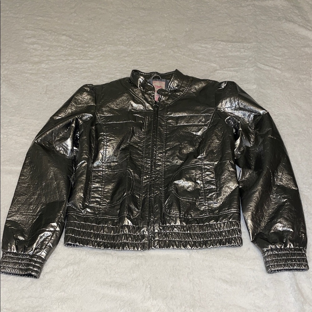Candie's Shimmering Silver Bomber Jacket. Size Medium. Lined. Pockets.